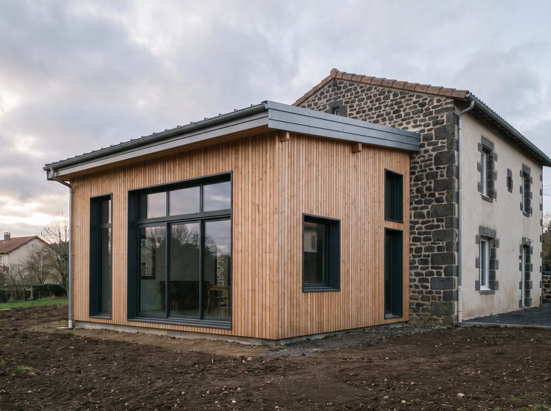 Extension en ossature bois à bardage vertical, accolée à une maison en pierre